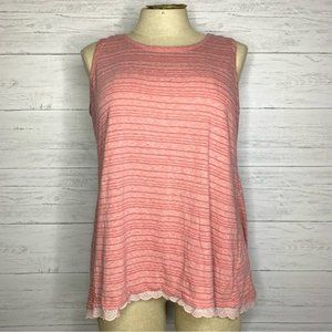 LOGO Lori Goldstein Pink Striped Lace Trim Tank Top